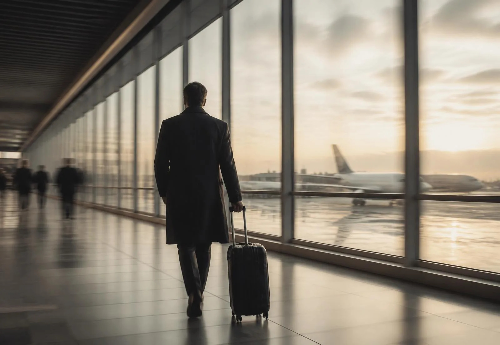 Executivo em aeroporto internacional durante viagem de trabalho
