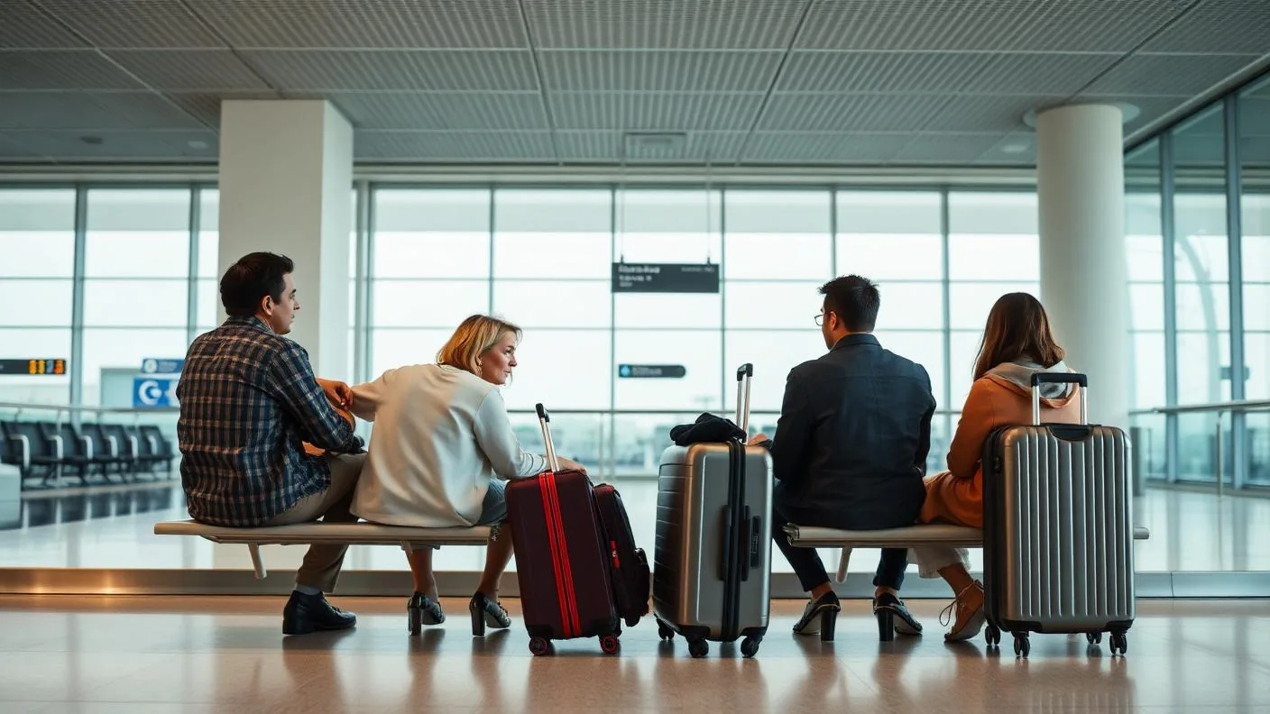 Família internacional caminhando em aeroporto com malas, em cenário sóbrio