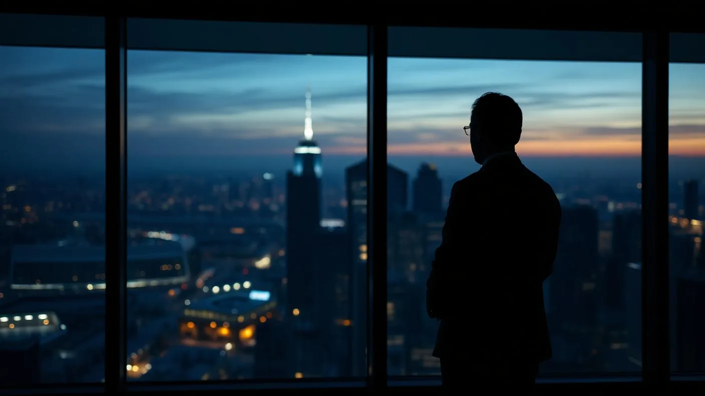 Investidor observando skyline de cidade global ao entardecer