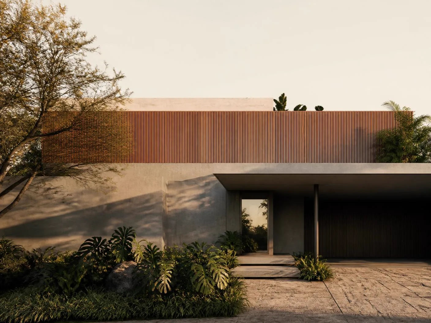 Arquitetura residencial brasileira contemporânea de alto padrão em luz dourada discreta