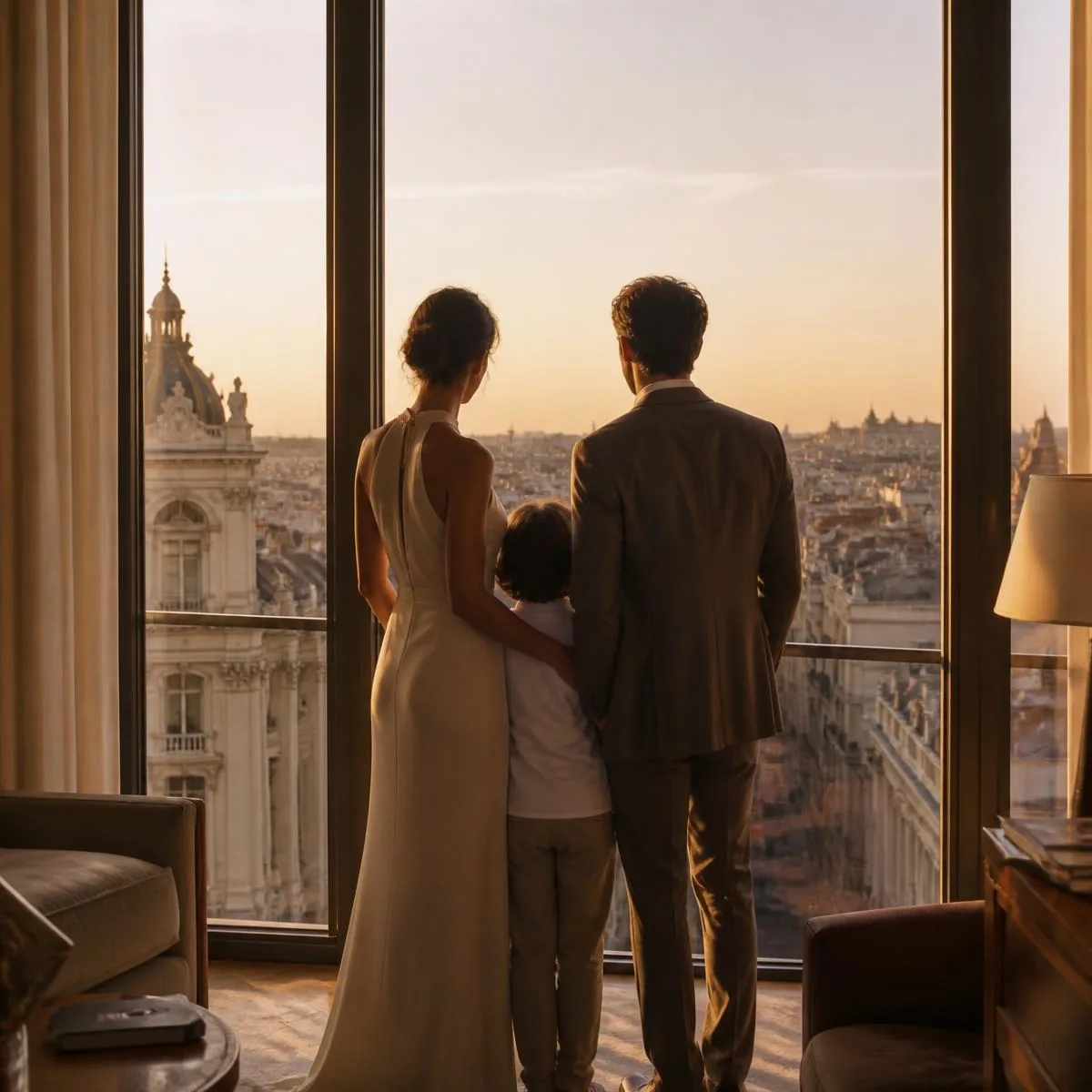 Família vista de costas diante de janela ampla com vista para cidade europeia ao fim do dia