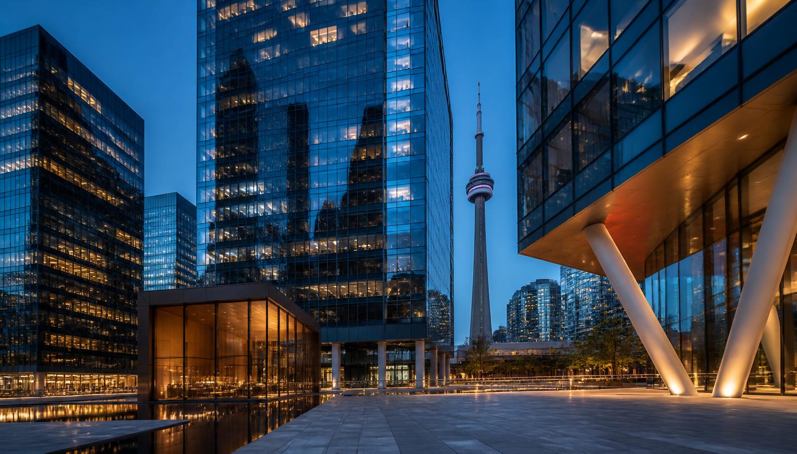 Arquitetura corporativa contemporânea de Toronto ao anoitecer