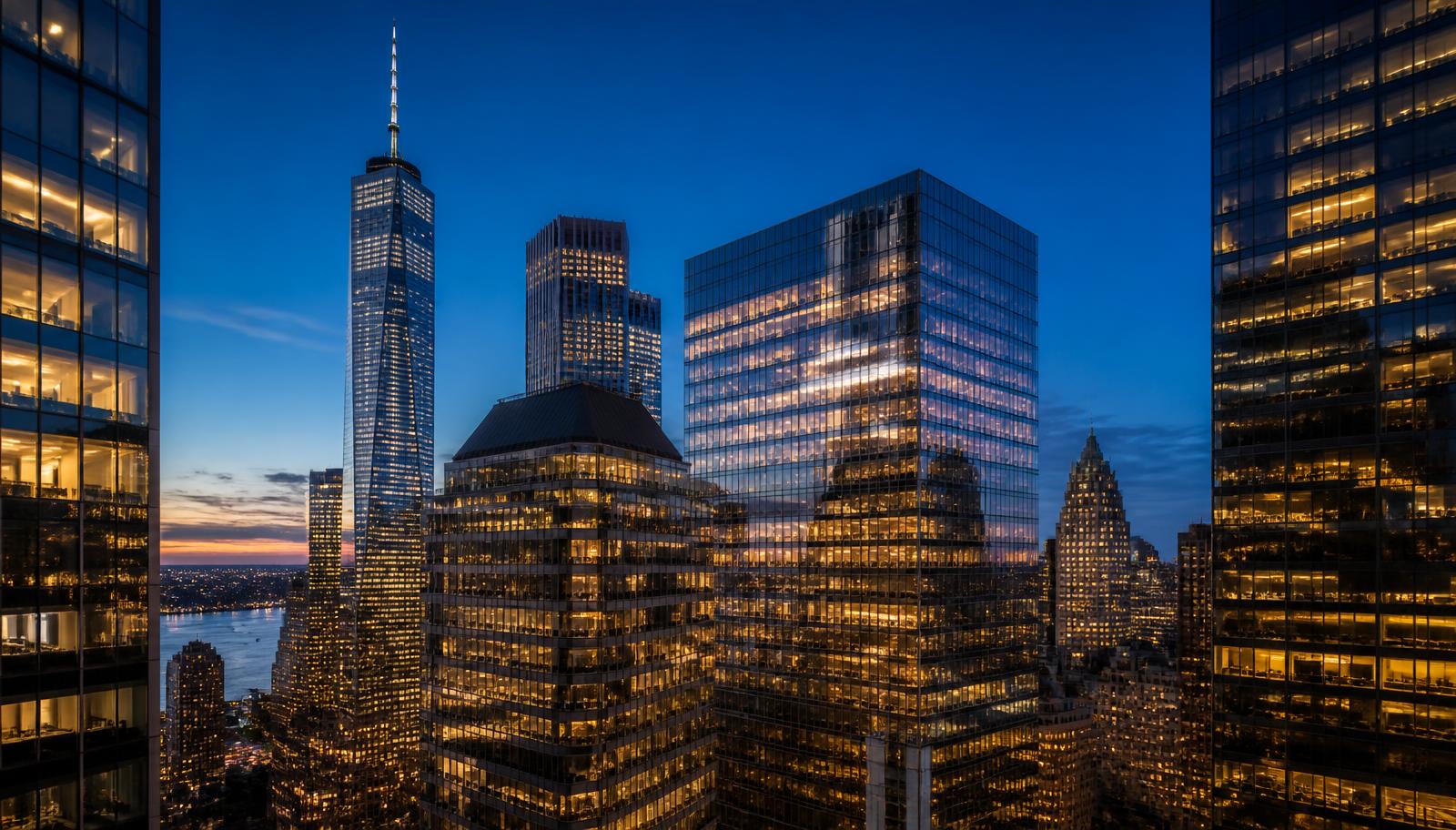 Distrito financeiro de Nova York ao crepúsculo, com torres iluminadas